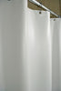White vinyl shower curtain hanging on a shower curtain rod.